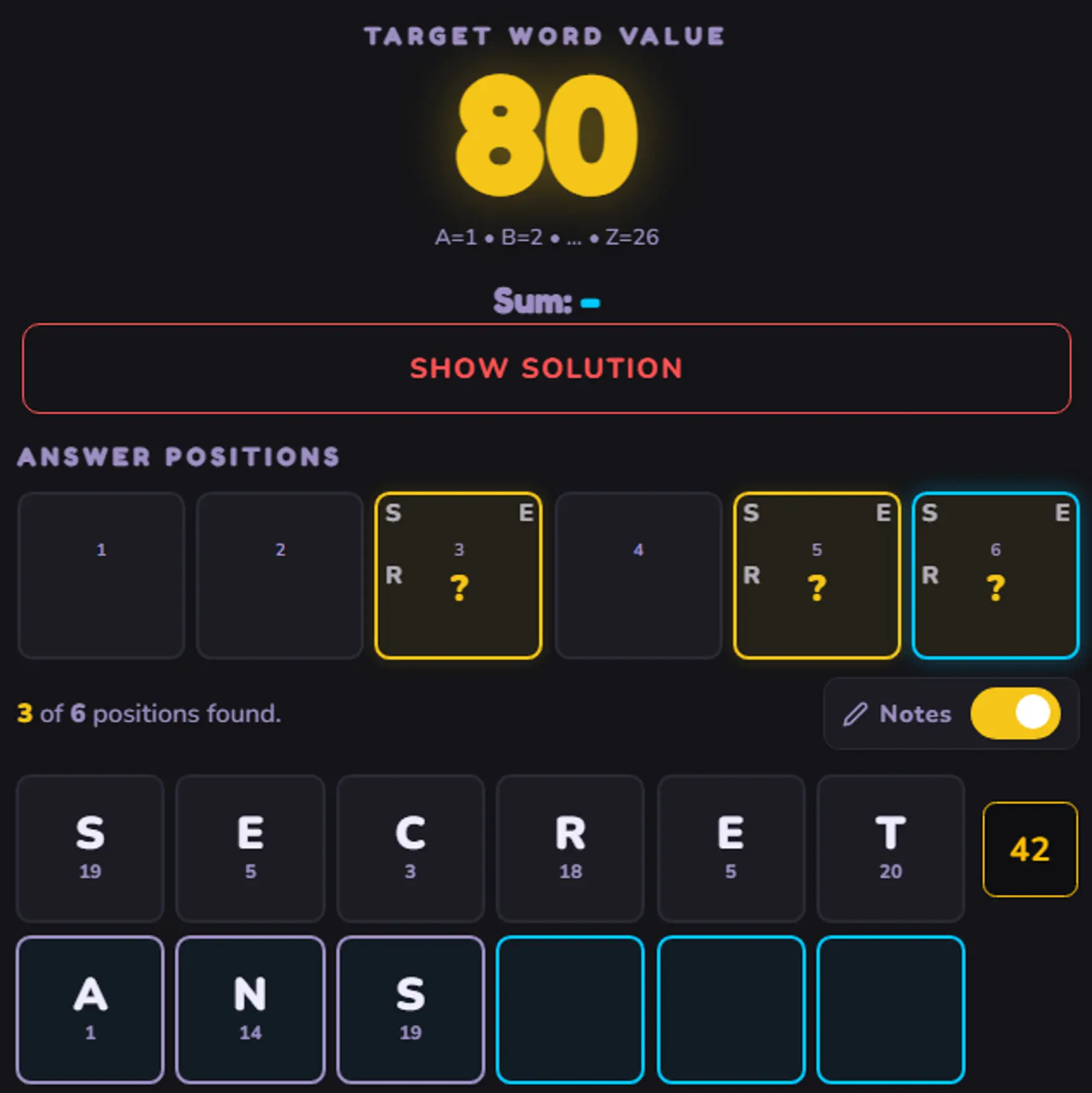 WurdOI gameplay preview: target word value, row score, and answer positions